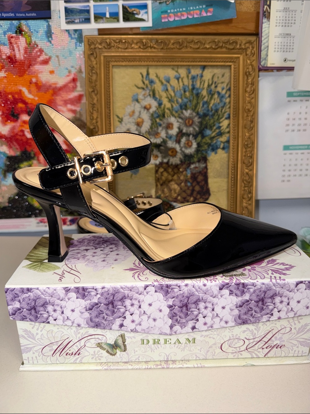 JS 8.5 Black FAARSIA Patent Faux Leather Heeled Pointy Closed Toe Strap Shoes